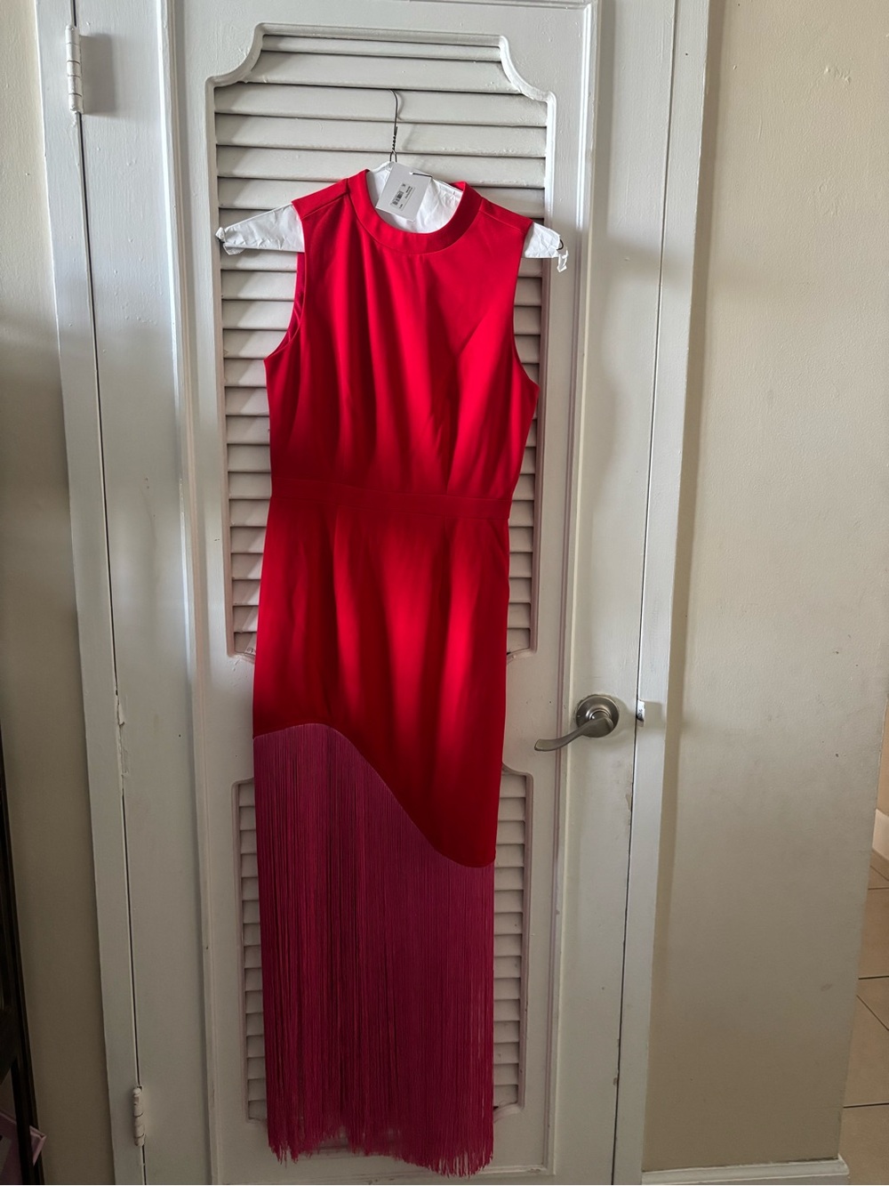 Sugarlips Red Sleeveless Maxi Dress with Pink Fringe Hem - Picture 1 of 4